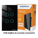Interruptor Inteligente Zigbee 4x2 Novadigital 4 Botões Tecla Touch Automação Tuya E Smart Life Compatível Com Alexa E Google Assistente Bivolt 110v/220v Cor Preto - Hub Zigbee Necessário 127/220v