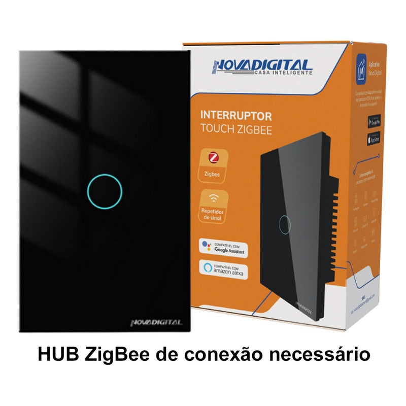 Interruptor Inteligente Zigbee Novadigital 1 Tecla Botão Touch Alexa Google Tuya Smart Life 110v 220v Bivolt Preto 10 A